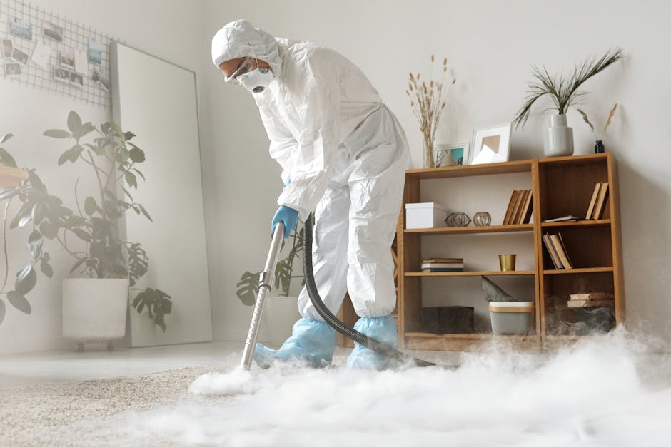 A professional cleaner dressed in full white protective gear, including a suit, gloves, mask, and shoe covers, is using a fogging or steam cleaning device on a beige carpet in a modern, well-lit room.